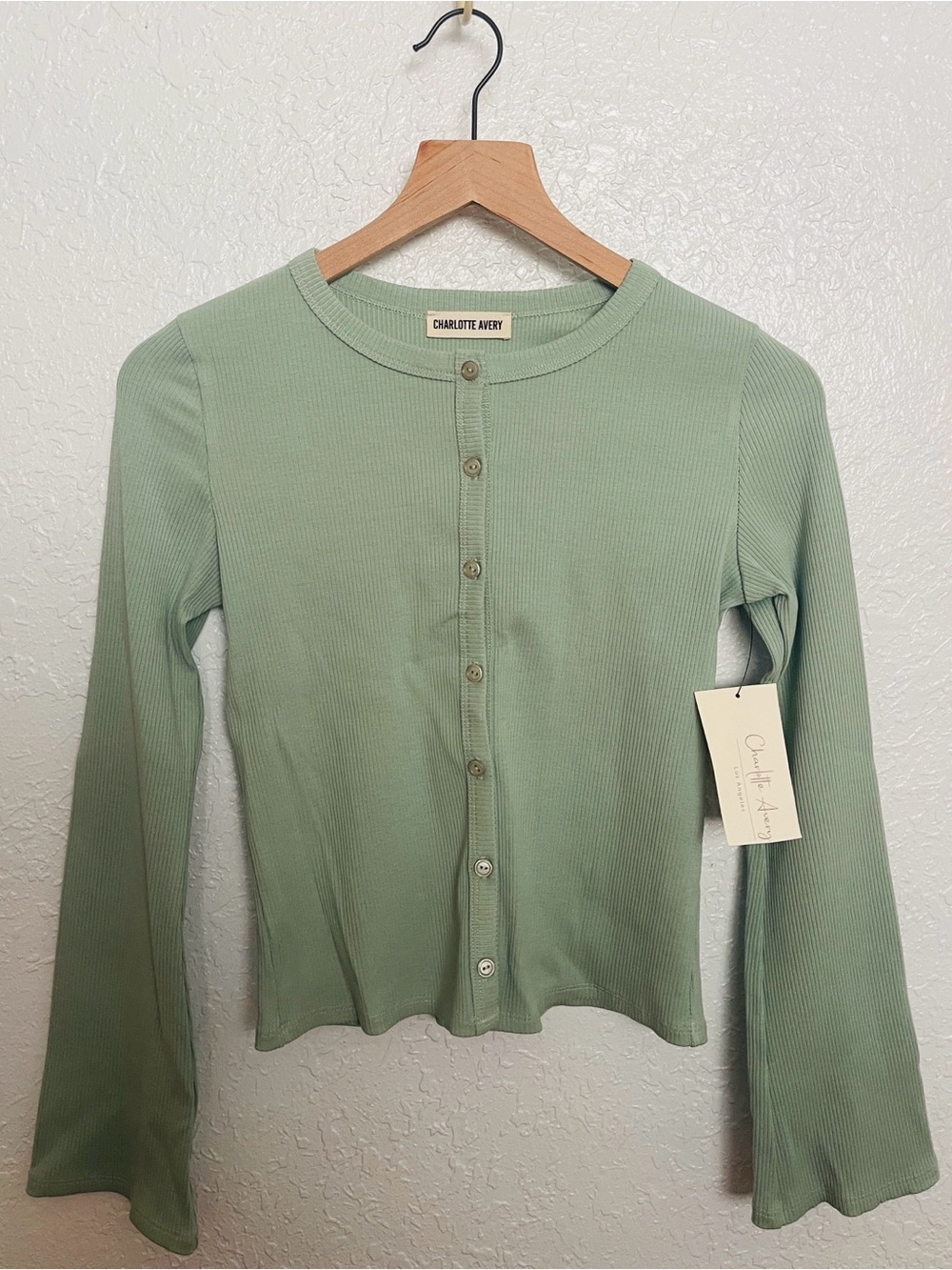 Charlotte Avery Sage Ribbed Button-Front Women's Top